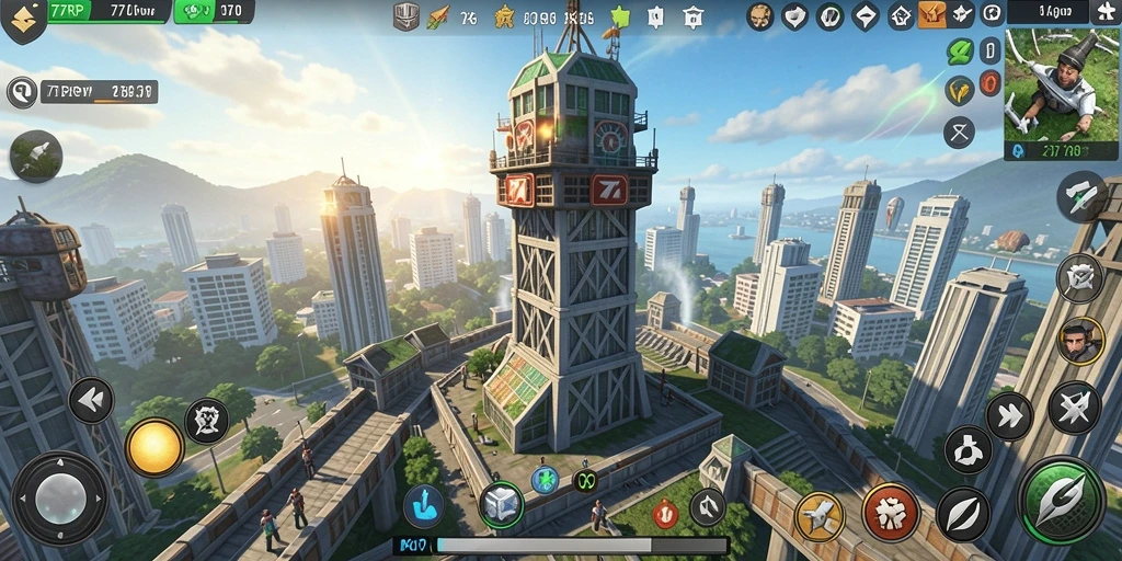 Tangkapan layar gameplay 77RP yang menampilkan menara bertahan dari gelombang musuh.