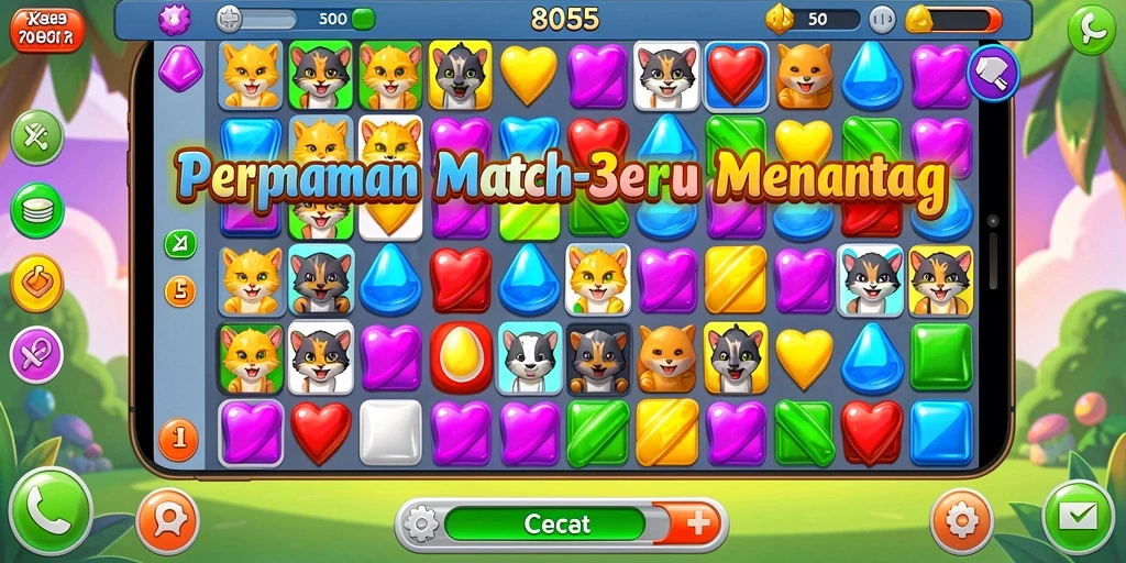 Tampilan gameplay Match-3 yang menarik dan penuh warna.