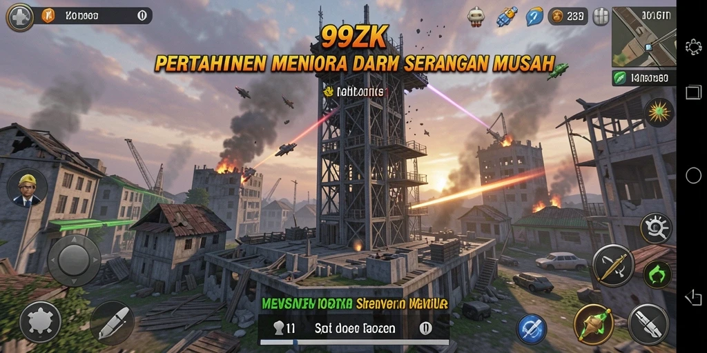 Screenshot gameplay 99ZK menampilkan menara bertahan melawan gelombang musuh.