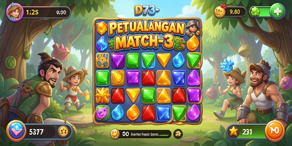 Tampilan screenshot utama D73 menampilkan keseruan gameplay Match-3.