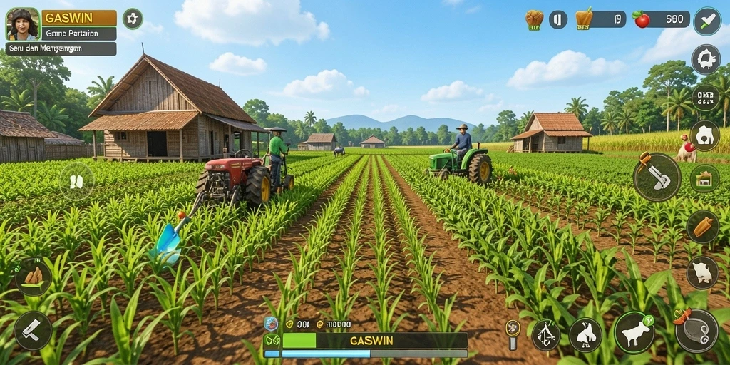 Tampilan gameplay GASWIN yang menampilkan ladang yang subur dan tanaman yang beraneka ragam.
