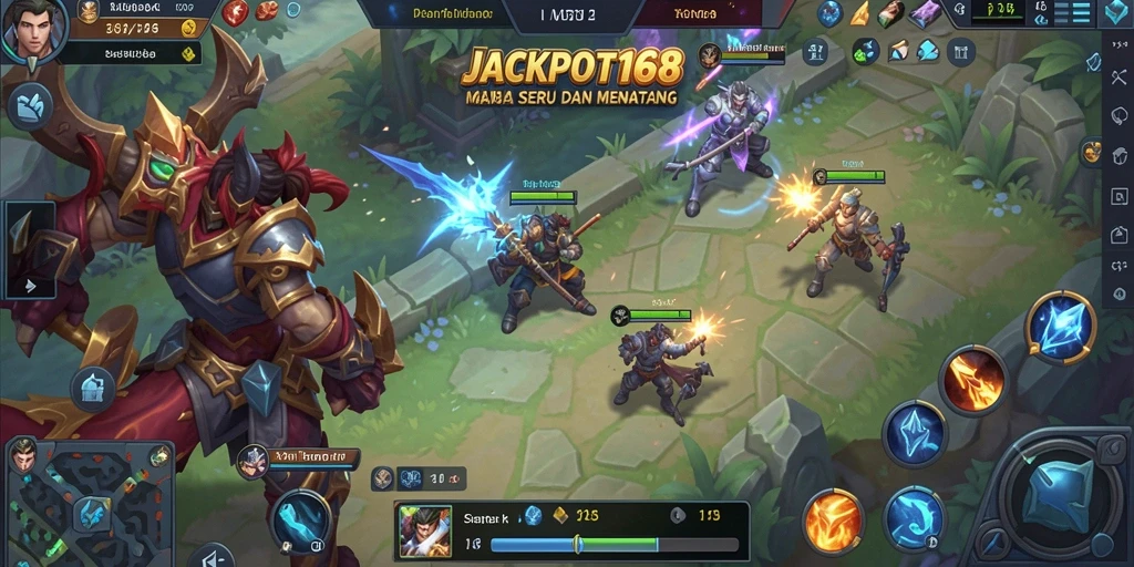 Screenshot JACKPOT168 menampilkan aksi intens di arena pertempuran MOBA.