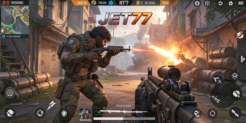 Gameplay JET77 yang intens dan mendebarkan dalam mode FPS.
