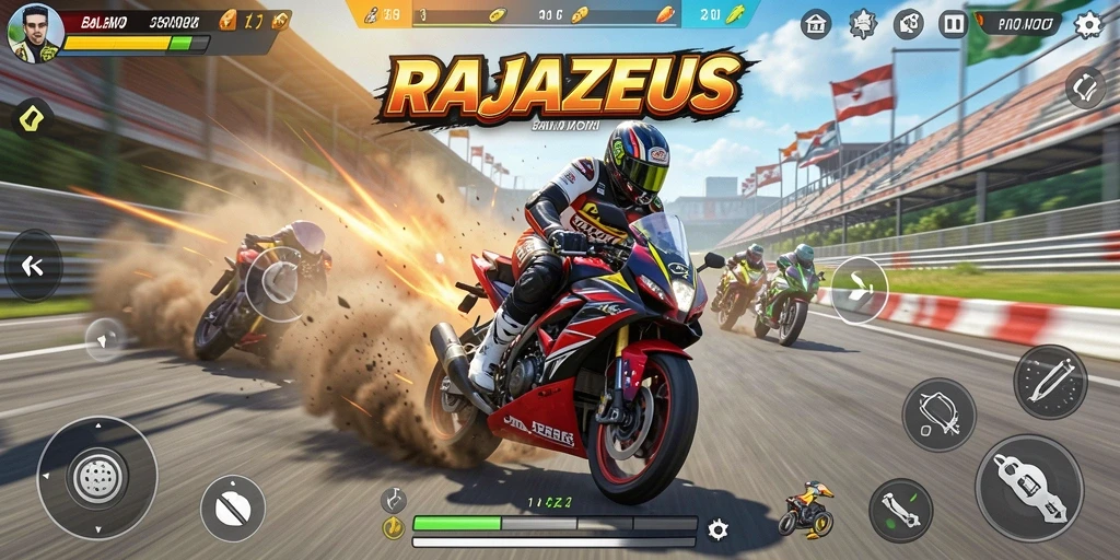 Tampilan gameplay mendebarkan di RAJAZEUS dengan balapan motor yang intens.