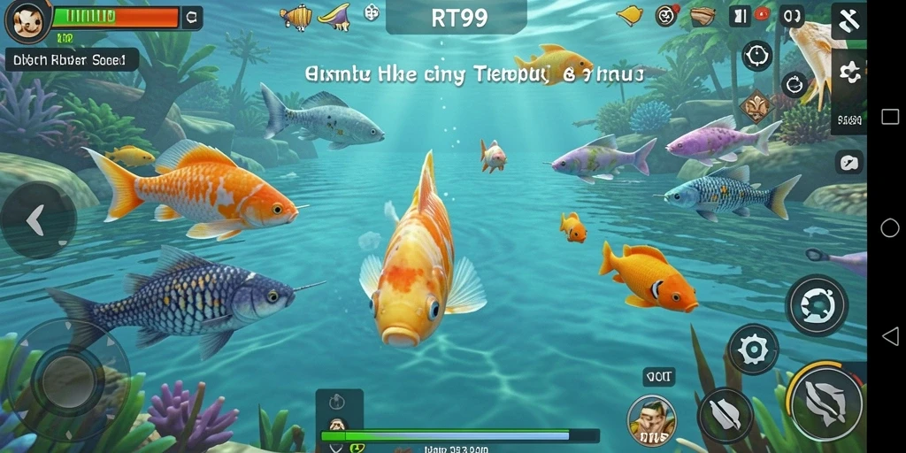 Screenshot utama RT99 menunjukkan gameplay seru menangkap ikan.