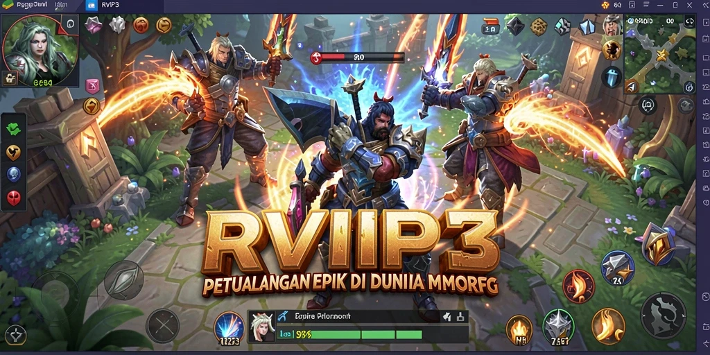 Screenshot gameplay RVIP3 yang menampilkan pertarungan epik di dunia fantasi.