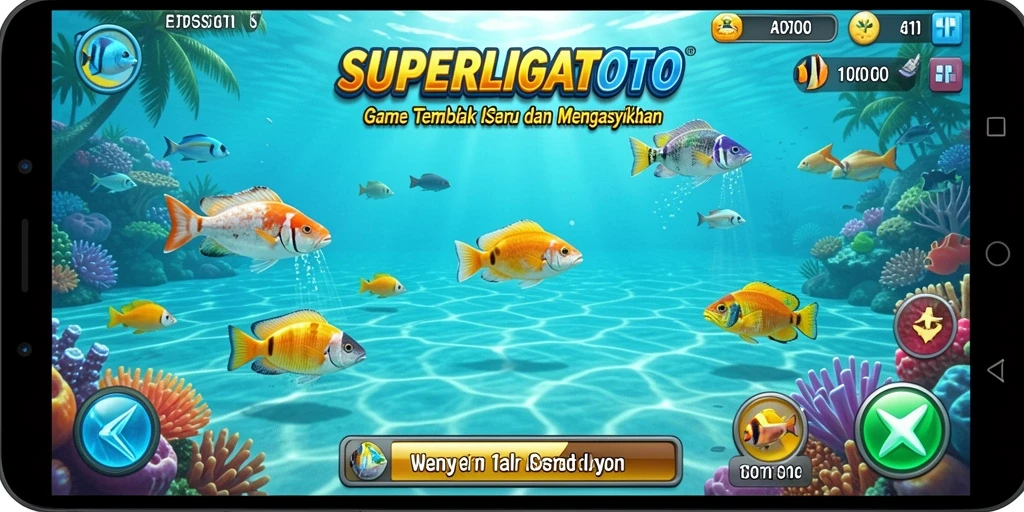 Screenshot SUPERLIGATOTO menampilkan aksi seru menembak ikan.