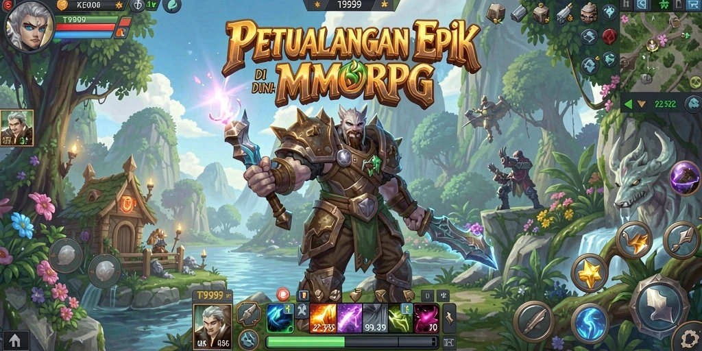 Screenshot utama T9999 menampilkan aksi pertempuran dalam dunia MMORPG yang luas.