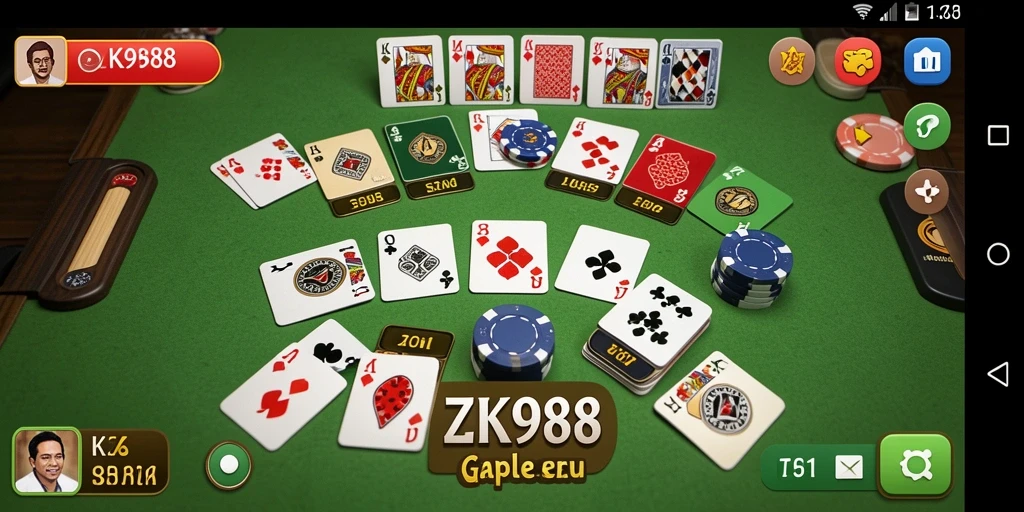 Screenshot utama ZK988 menunjukkan gameplay Gaple yang dinamis dan menarik.